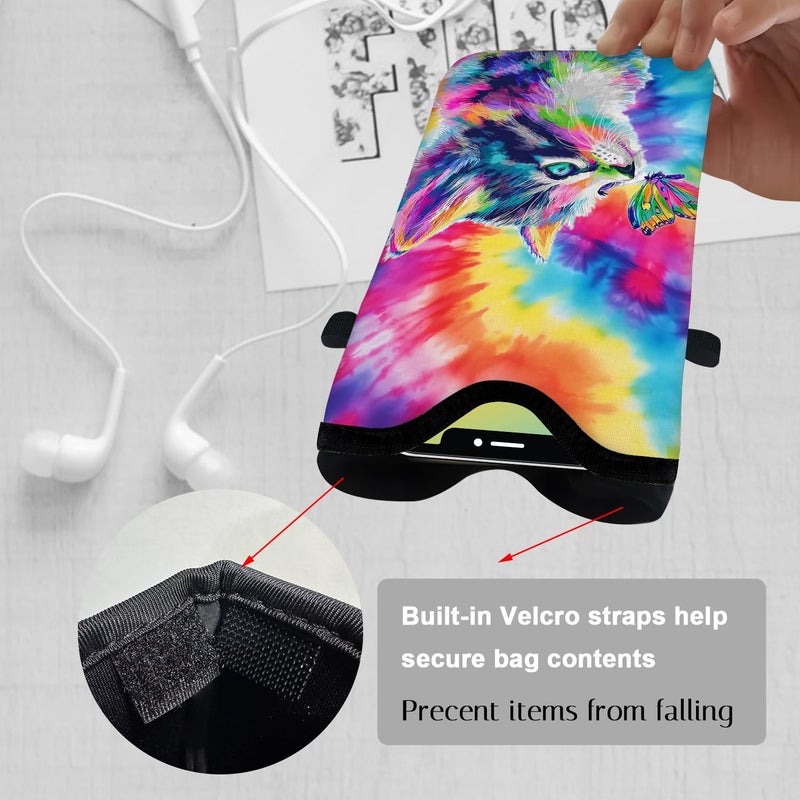 otilil Neoprene Cell Phone Sleeve Pouch Case Bag with Crossbody Strap Neck Lanyard for Women 7.1 X 3.9 in Tie Dye Cat - Image 3